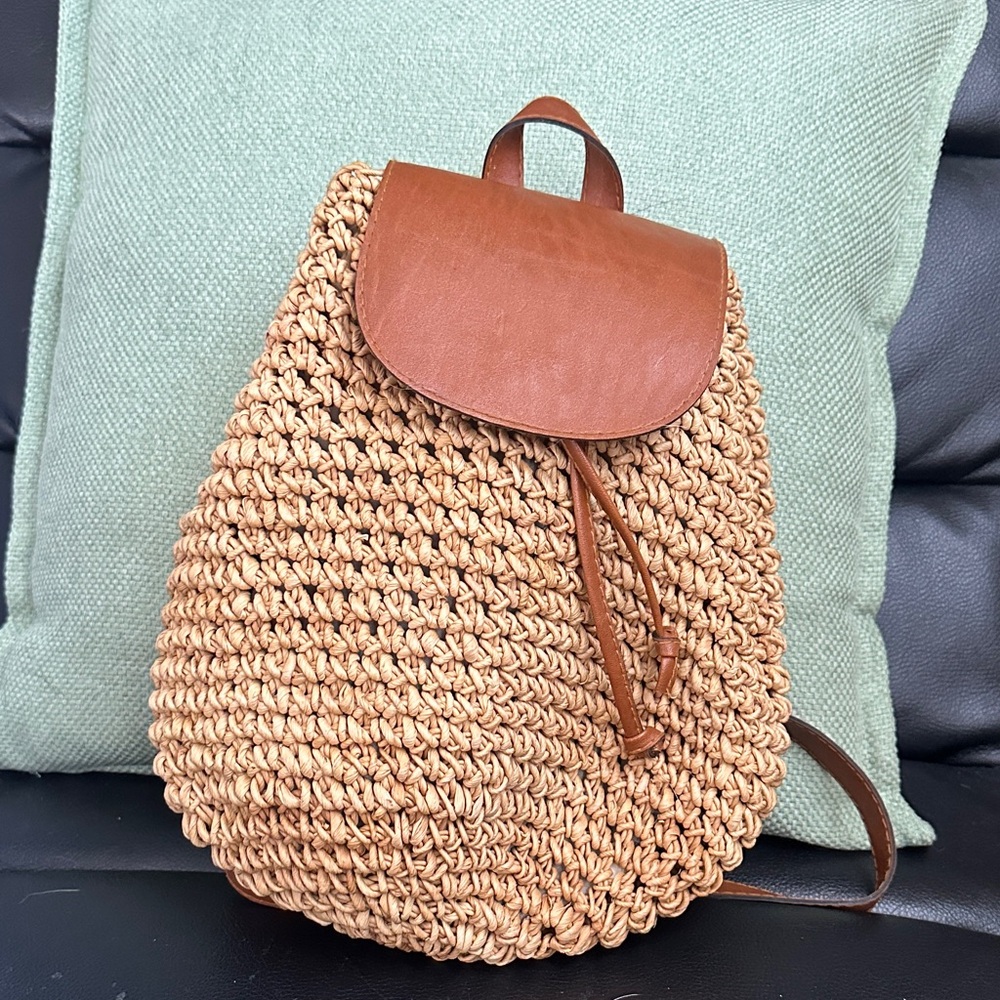 Woven Straw Backpack with Brown Leather Flap